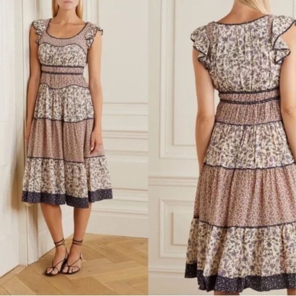 NEW‎ Ulla Johnson Odelia Floral Midi Dress Neutral Colors size 2 Extra Small - Picture 1 of 11